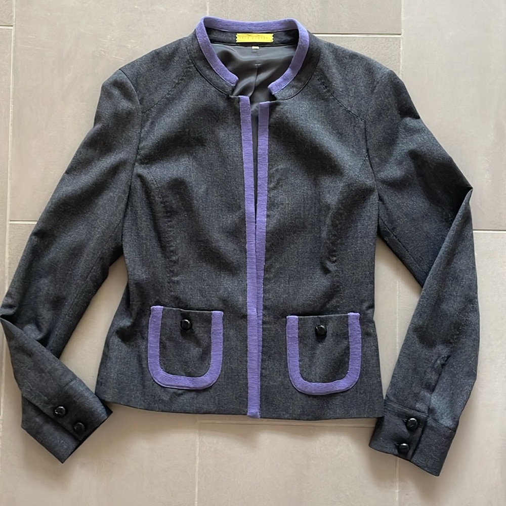 Jack Rogers grey wool blazer with purple piping